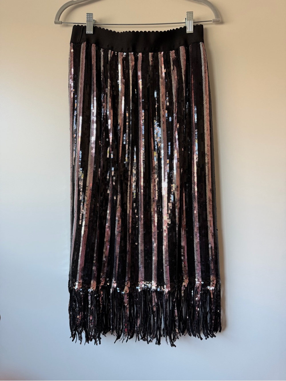 Fringed Sequin Stripe Midi Skirt in Black and Pink